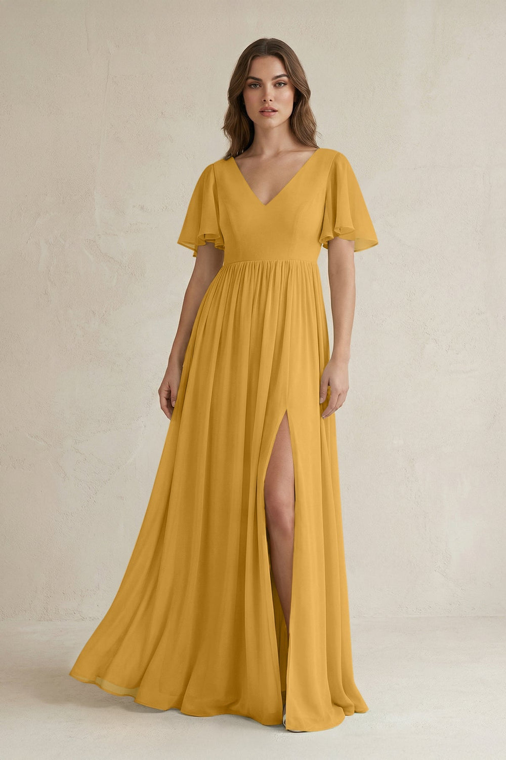 Short Sleeve V - Neck A - Line Chiffon Bridesmaid Dress in Marigold - SHE IS ME Bridesmaid Dresses