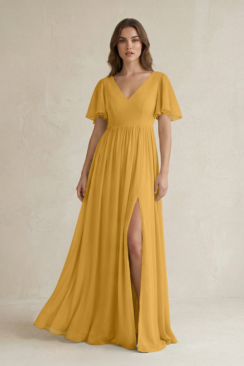 Short Sleeve V - Neck A - Line Chiffon Bridesmaid Dress in Marigold - SHE IS ME Bridesmaid Dresses