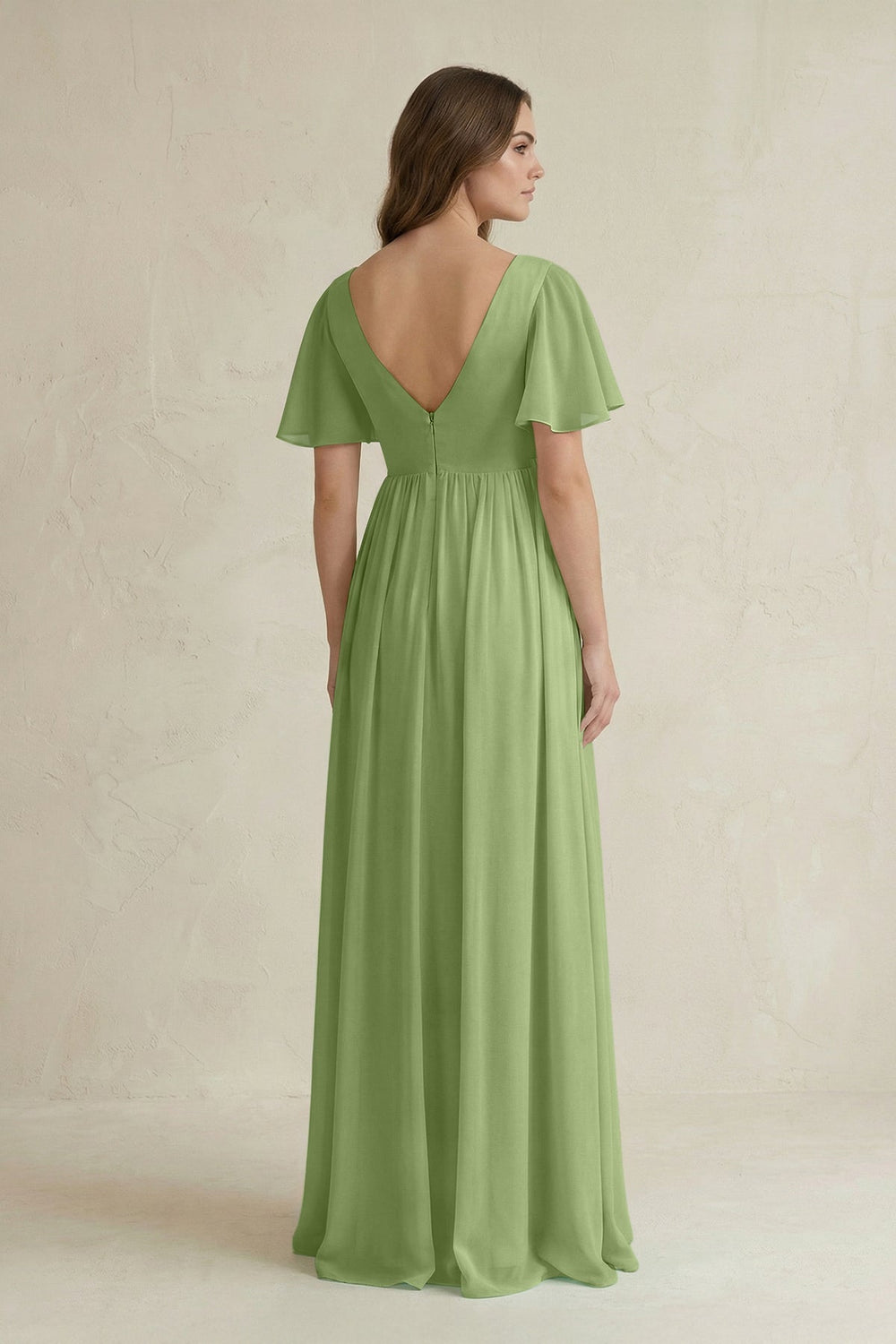 Short Sleeve V - Neck A - Line Chiffon Bridesmaid Dress in Matcha - SHE IS ME Bridesmaid Dresses