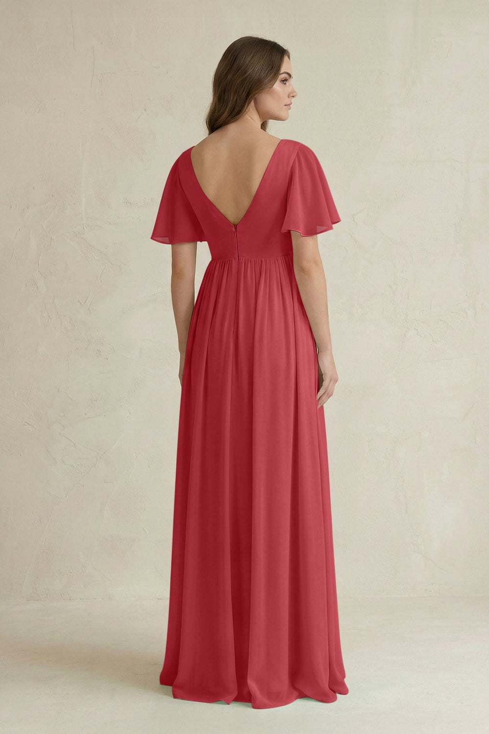 Short Sleeve V - Neck A - Line Chiffon Bridesmaid Dress in Merlot - SHE IS ME Bridesmaid Dresses