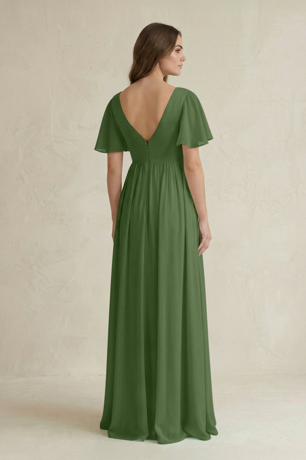 Short Sleeve V - Neck A - Line Chiffon Bridesmaid Dress in Moss - SHE IS ME Bridesmaid Dresses