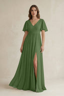 Short Sleeve V - Neck A - Line Chiffon Bridesmaid Dress in Moss - SHE IS ME Bridesmaid Dresses