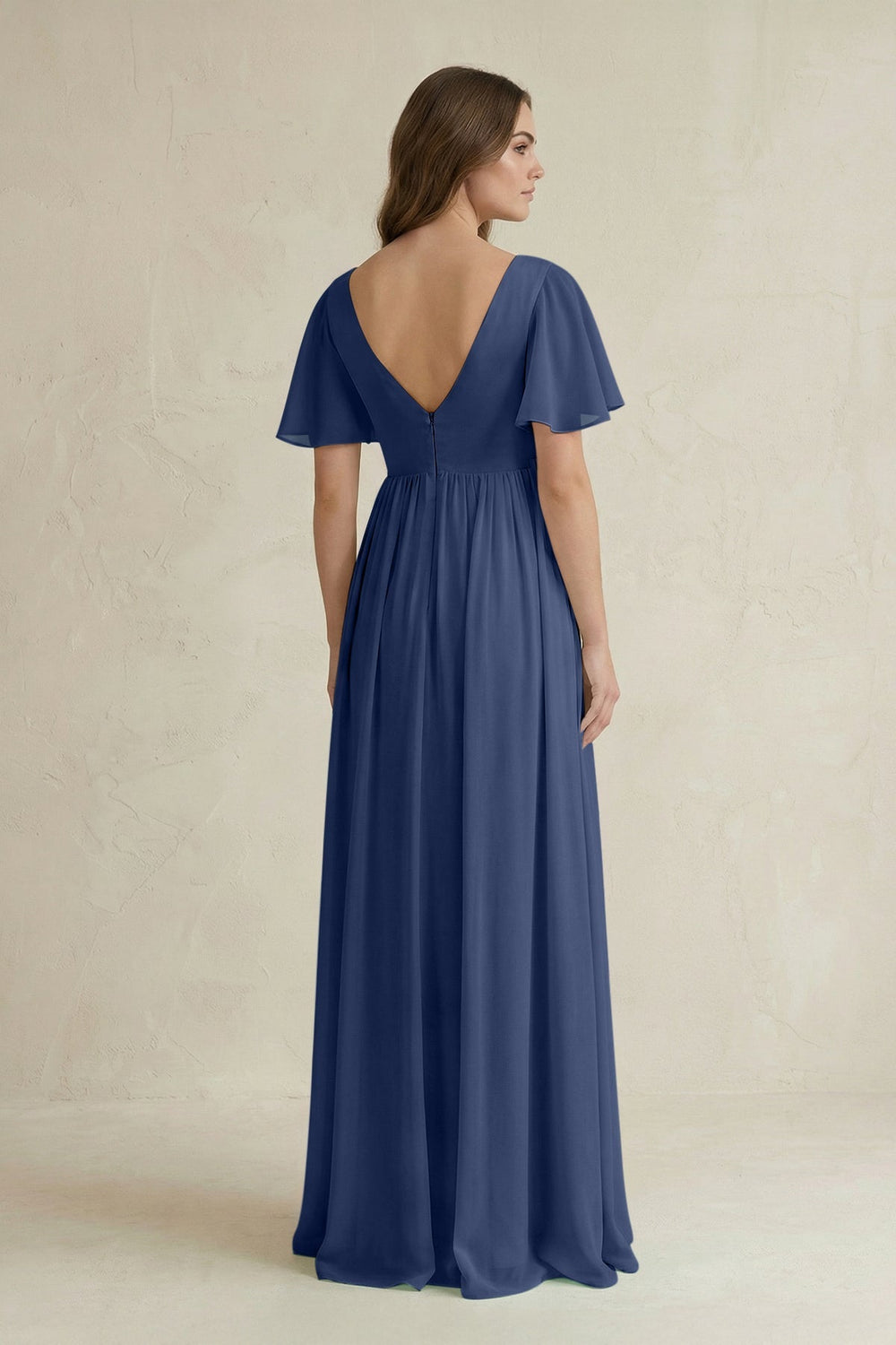 Short Sleeve V - Neck A - Line Chiffon Bridesmaid Dress in Navy - SHE IS ME Bridesmaid Dresses