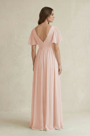 Short Sleeve V - Neck A - Line Chiffon Bridesmaid Dress in Pale Blush - SHE IS ME Bridesmaid Dresses