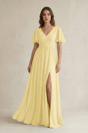 Short Sleeve V - Neck A - Line Chiffon Bridesmaid Dress in Pastel Yellow - SHE IS ME Bridesmaid Dresses