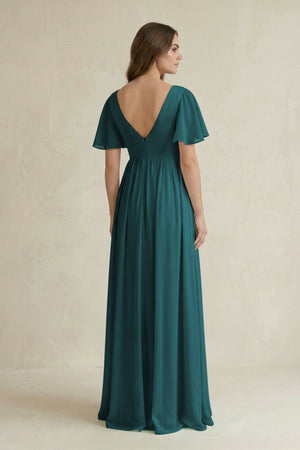 Short Sleeve V - Neck A - Line Chiffon Bridesmaid Dress in Pine - SHE IS ME Bridesmaid Dresses