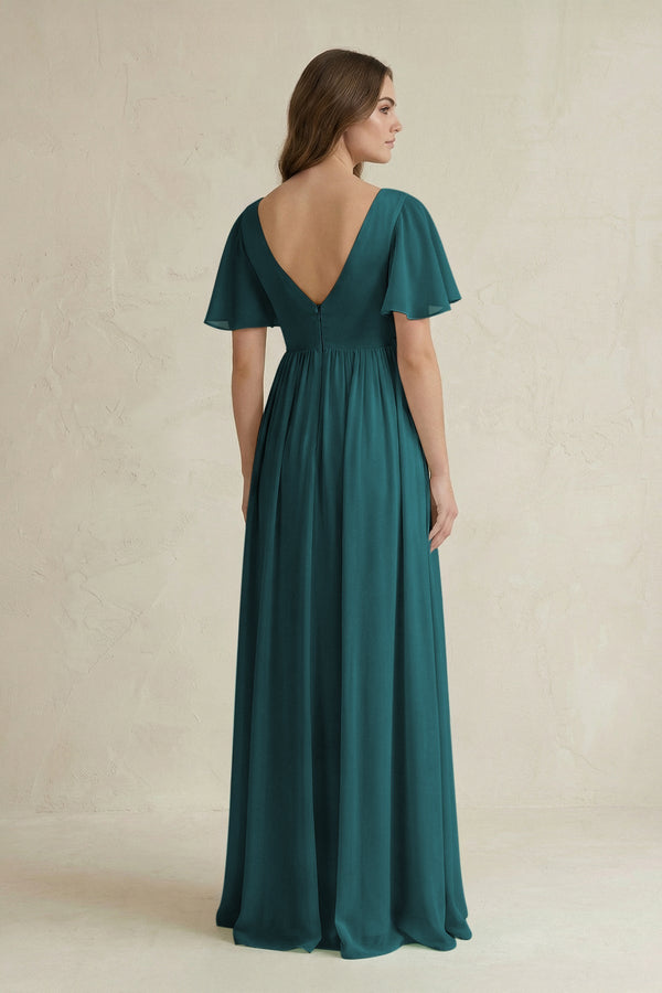 Short Sleeve V - Neck A - Line Chiffon Bridesmaid Dress in Pine - SHE IS ME Bridesmaid Dresses