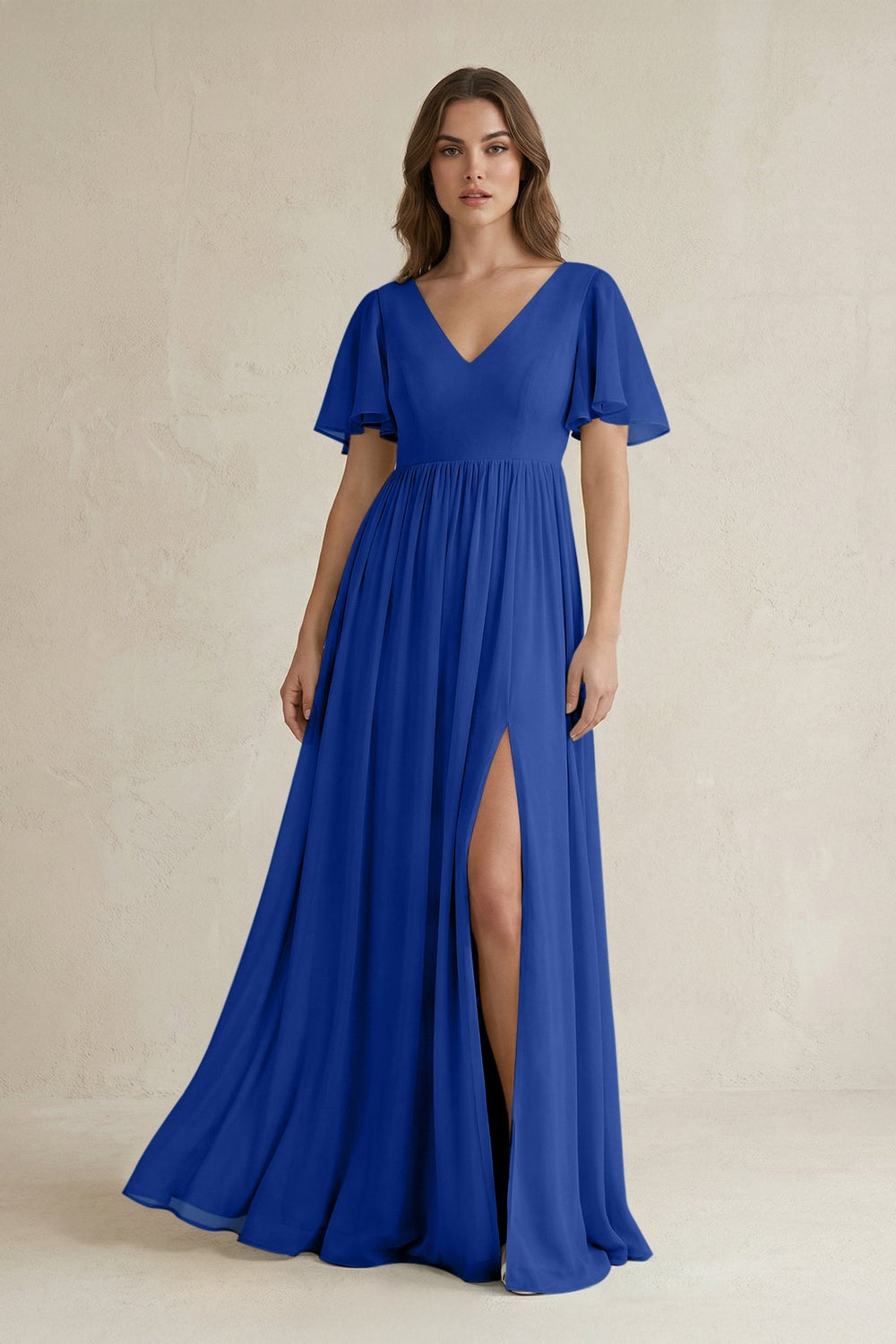 Short Sleeve V - Neck A - Line Chiffon Bridesmaid Dress in Royal Blue - SHE IS ME Bridesmaid Dresses