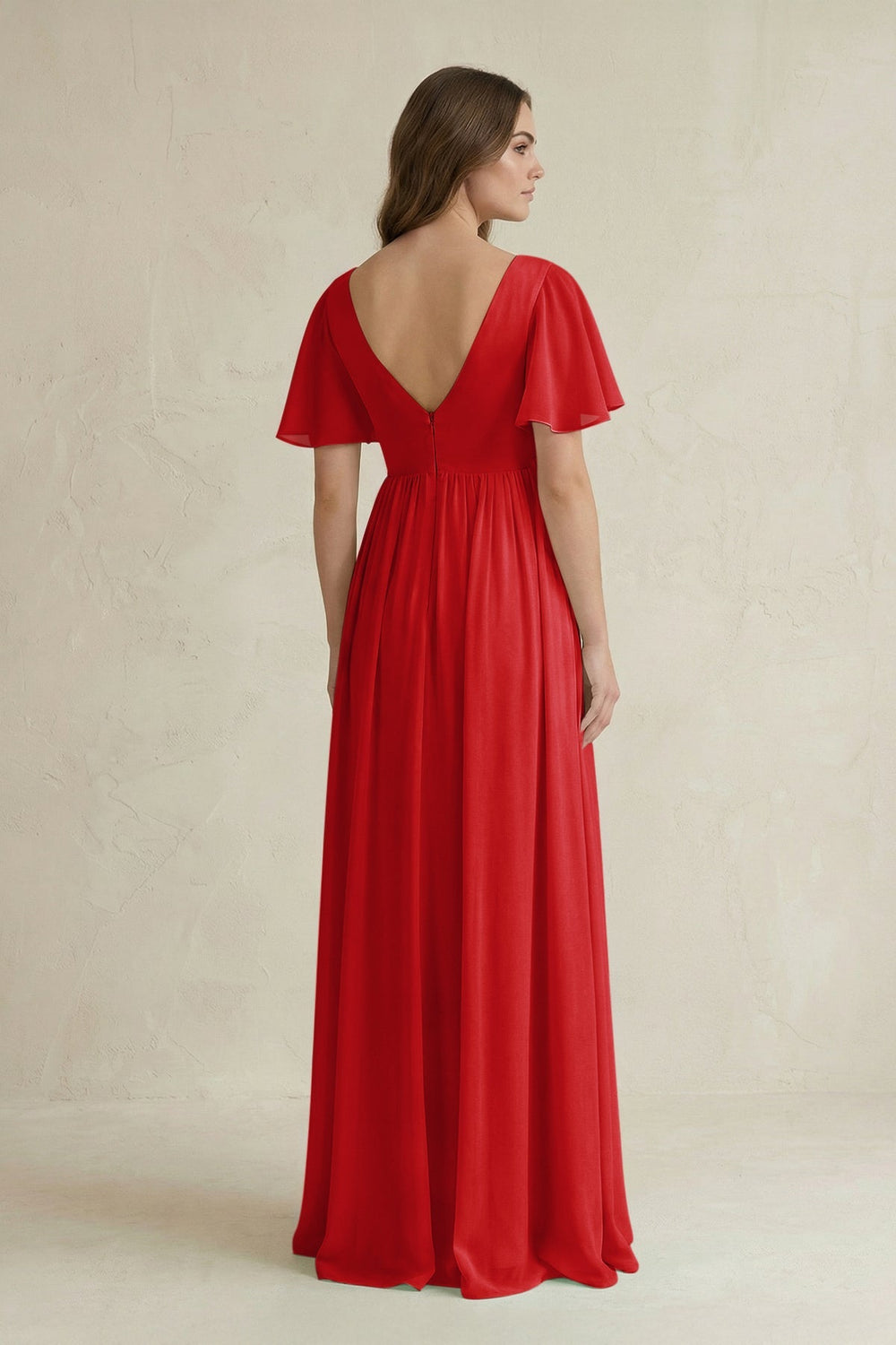 Short Sleeve V - Neck A - Line Chiffon Bridesmaid Dress in Ruby Red - SHE IS ME Bridesmaid Dresses