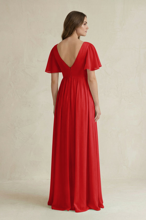 Short Sleeve V - Neck A - Line Chiffon Bridesmaid Dress in Ruby Red - SHE IS ME Bridesmaid Dresses