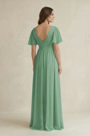 Short Sleeve V - Neck A - Line Chiffon Bridesmaid Dress in Sea Glass - SHE IS ME Bridesmaid Dresses