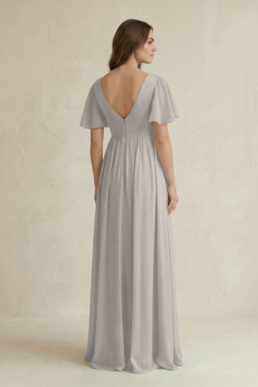 Short Sleeve V - Neck A - Line Chiffon Bridesmaid Dress in Silver - SHE IS ME Bridesmaid Dresses