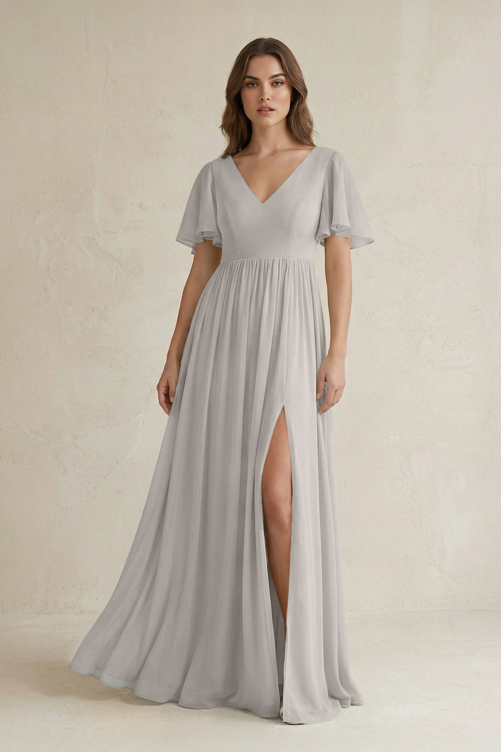 Short Sleeve V - Neck A - Line Chiffon Bridesmaid Dress in Silver - SHE IS ME Bridesmaid Dresses