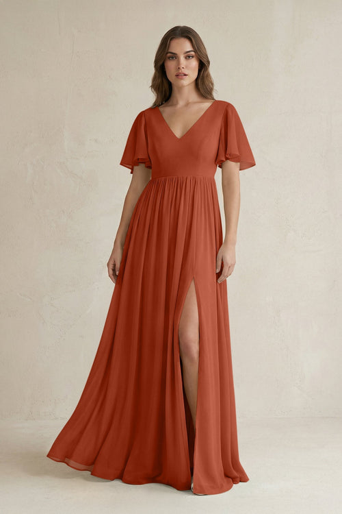 Short Sleeve V - Neck A - Line Chiffon Bridesmaid Dress in Spice - SHE IS ME Bridesmaid Dresses