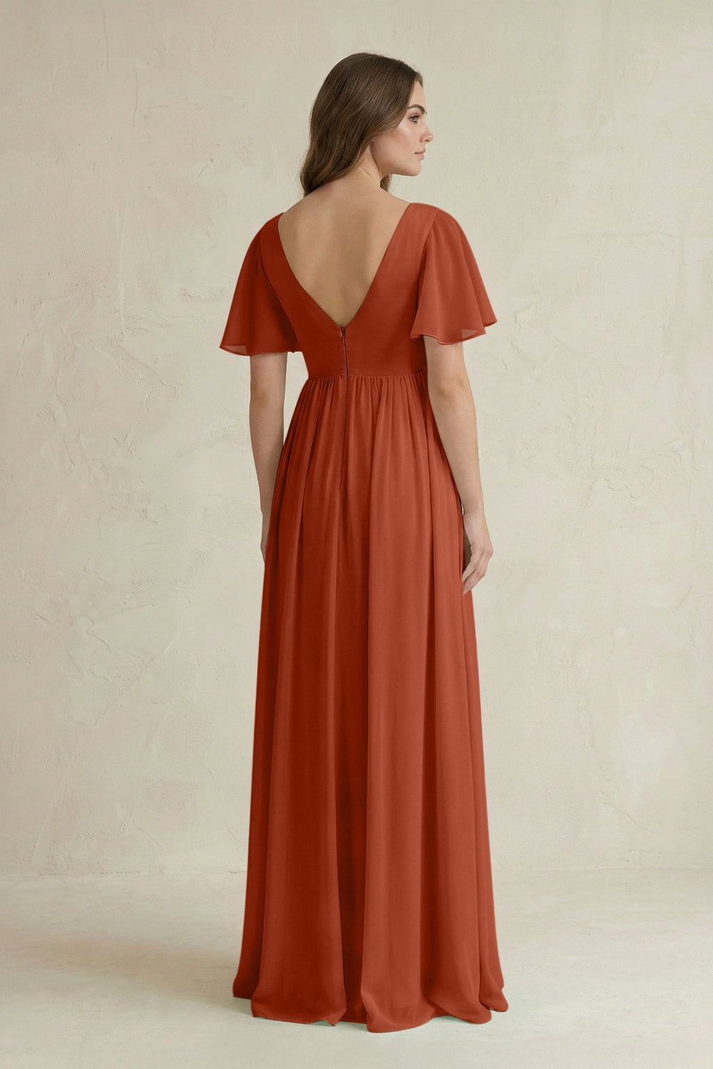 Short Sleeve V - Neck A - Line Chiffon Bridesmaid Dress in Spice - SHE IS ME Bridesmaid Dresses