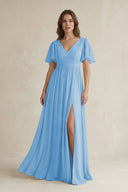 Short Sleeve V - Neck A - Line Chiffon Bridesmaid Dress in Steel Blue - SHE IS ME Bridesmaid Dresses
