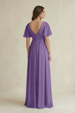 Short Sleeve V - Neck A - Line Chiffon Bridesmaid Dress in Tahiti - SHE IS ME Bridesmaid Dresses