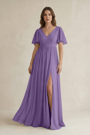 Short Sleeve V - Neck A - Line Chiffon Bridesmaid Dress in Tahiti - SHE IS ME Bridesmaid Dresses