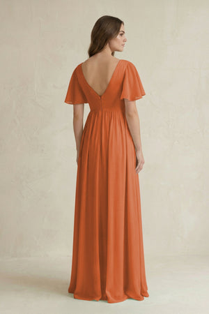 Short Sleeve V - Neck A - Line Chiffon Bridesmaid Dress in Terracotta - SHE IS ME Bridesmaid Dresses