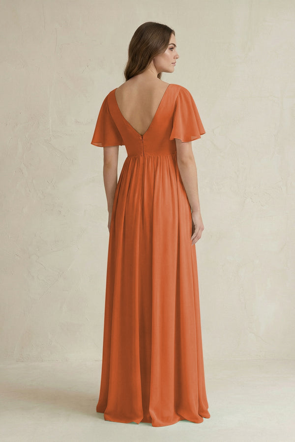 Short Sleeve V - Neck A - Line Chiffon Bridesmaid Dress in Terracotta - SHE IS ME Bridesmaid Dresses