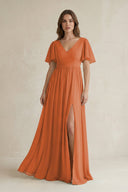 Short Sleeve V - Neck A - Line Chiffon Bridesmaid Dress in Terracotta - SHE IS ME Bridesmaid Dresses