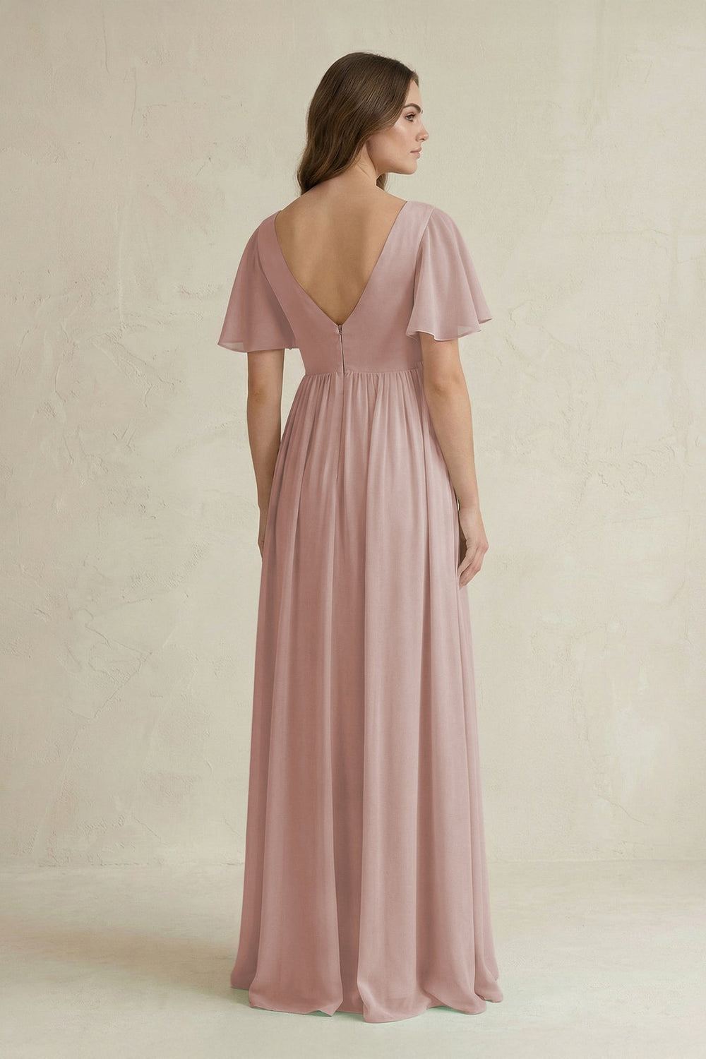 Short Sleeve V - Neck A - Line Chiffon Bridesmaid Dress in Toffee - SHE IS ME Bridesmaid Dresses