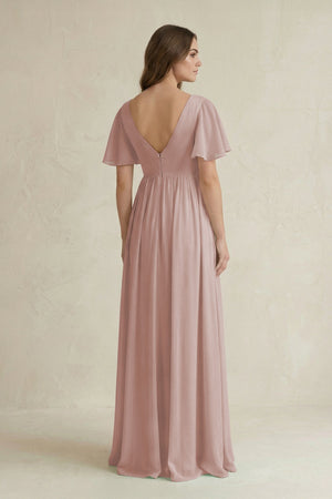 Short Sleeve V - Neck A - Line Chiffon Bridesmaid Dress in Toffee - SHE IS ME Bridesmaid Dresses