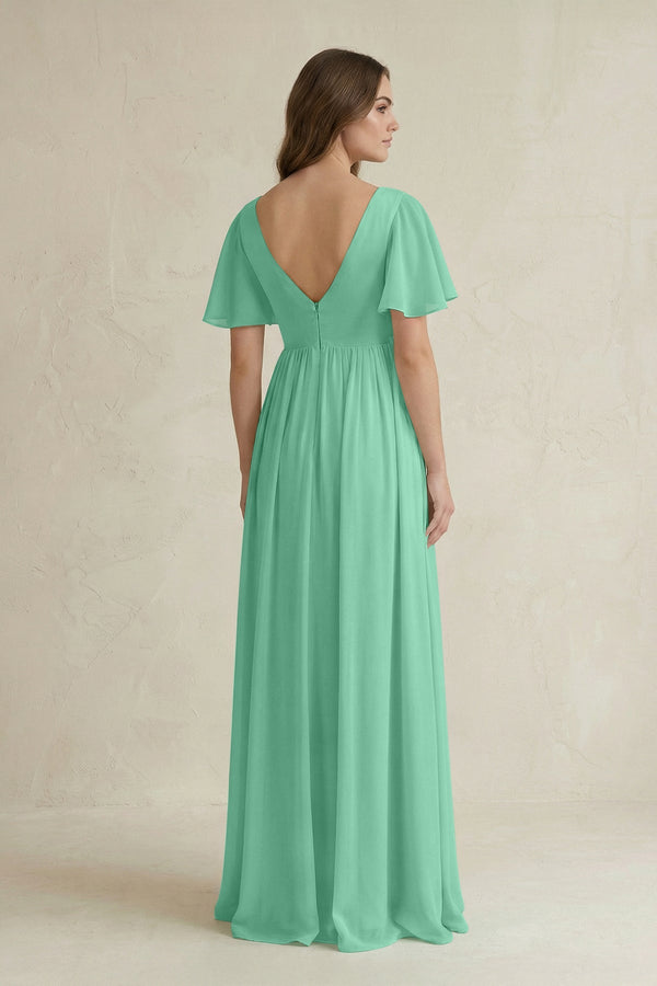 Short Sleeve V - Neck A - Line Chiffon Bridesmaid Dress in Turquoise - SHE IS ME Bridesmaid Dresses