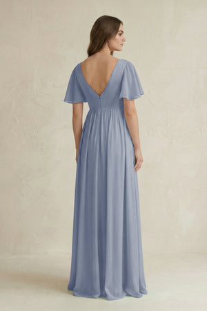 Short Sleeve V - Neck A - Line Chiffon Bridesmaid Dress in Twilight - SHE IS ME Bridesmaid Dresses