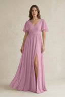Short Sleeve V - Neck A - Line Chiffon Bridesmaid Dress in Vintage Mauve - SHE IS ME Bridesmaid Dresses