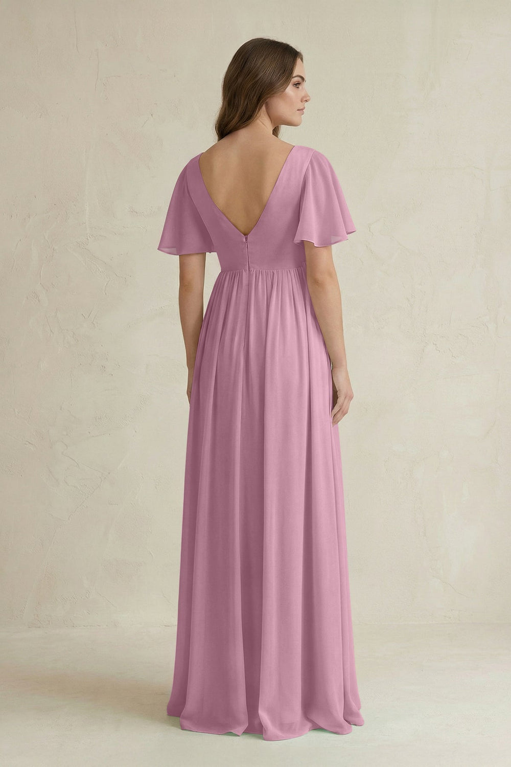 Short Sleeve V - Neck A - Line Chiffon Bridesmaid Dress in Vintage Mauve - SHE IS ME Bridesmaid Dresses