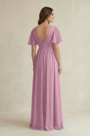 Short Sleeve V - Neck A - Line Chiffon Bridesmaid Dress in Vintage Mauve - SHE IS ME Bridesmaid Dresses