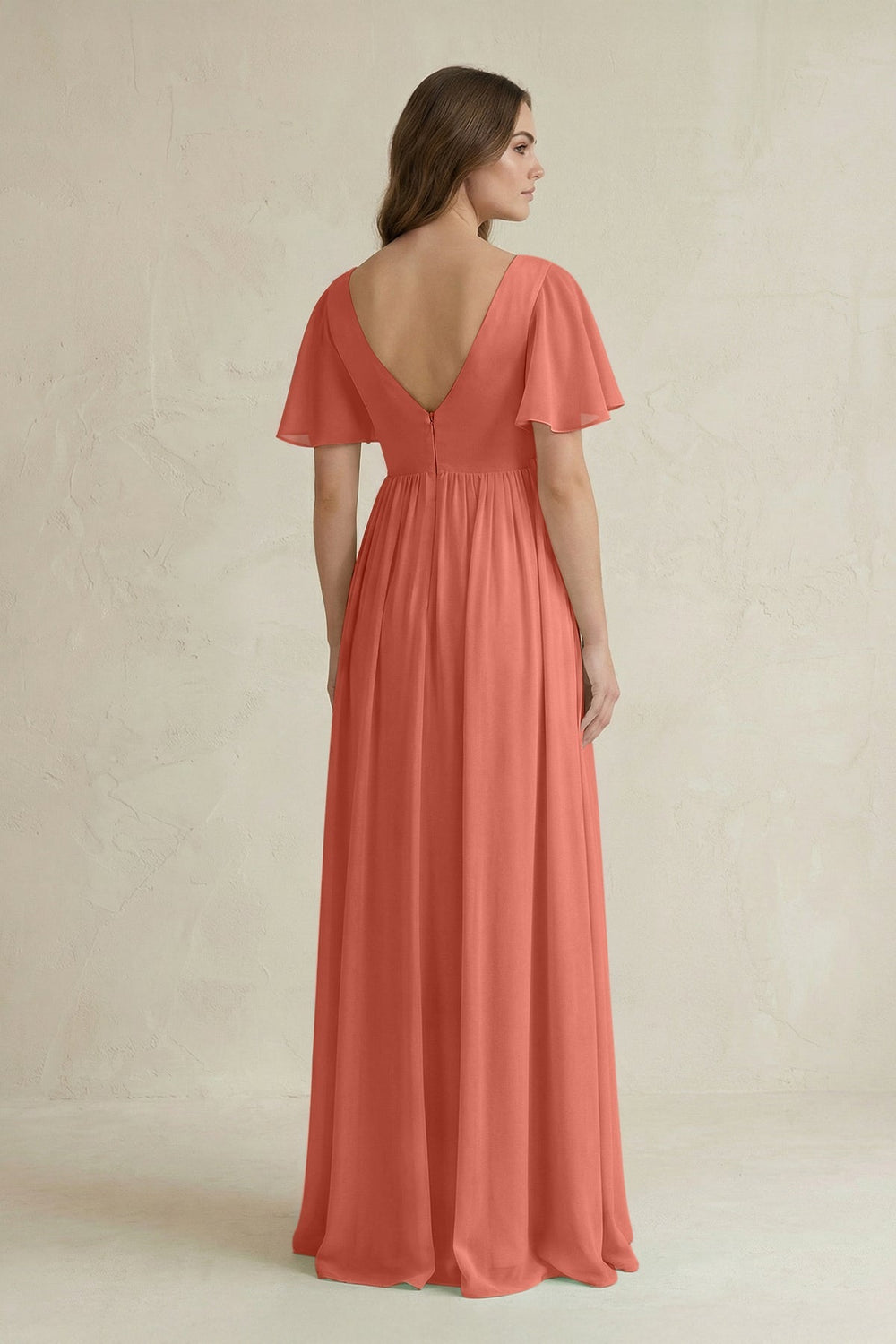 Short Sleeve V - Neck A - Line Chiffon Bridesmaid Dress in Wild Rose - SHE IS ME Bridesmaid Dresses