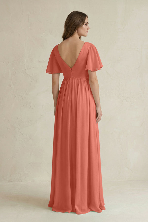 Short Sleeve V - Neck A - Line Chiffon Bridesmaid Dress in Wild Rose - SHE IS ME Bridesmaid Dresses