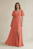 Short Sleeve V - Neck A - Line Chiffon Bridesmaid Dress in Wild Rose - SHE IS ME Bridesmaid Dresses