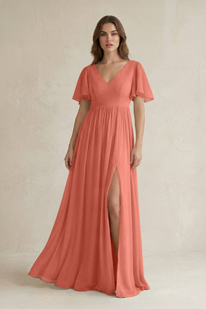 Short Sleeve V - Neck A - Line Chiffon Bridesmaid Dress in Wild Rose - SHE IS ME Bridesmaid Dresses