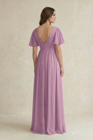 Short Sleeve V - Neck A - Line Chiffon Bridesmaid Dress in Wisteria - SHE IS ME Bridesmaid Dresses