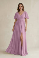 Short Sleeve V - Neck A - Line Chiffon Bridesmaid Dress in Wisteria - SHE IS ME Bridesmaid Dresses