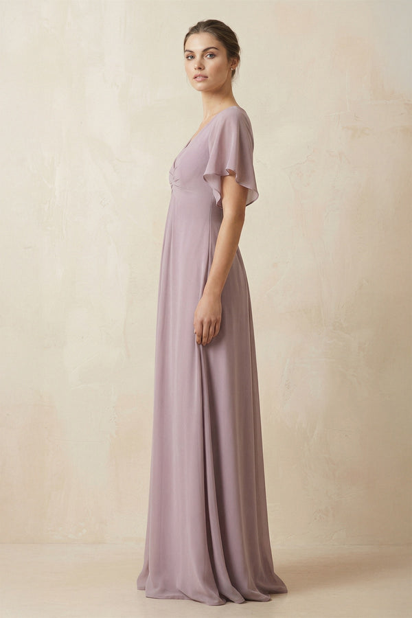 Short Sleeve V - Neck Chiffon A - Line Bridesmaid Dress in Dusk - SHE IS ME Bridesmaid Dresses