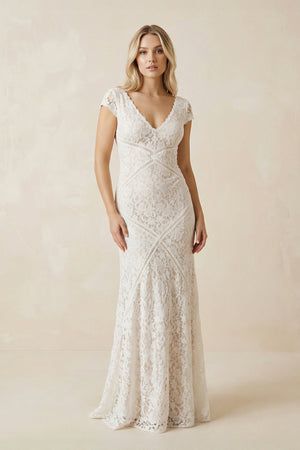 Short Sleeves Sheath V Neck Lace Wedding Dress in White and Nude - SHE IS ME Wedding Dresses
