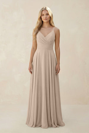 Spaghetti Strap A - Line Chiffon Bridesmaid Dress in Almond - SHE IS ME Bridesmaid Dresses