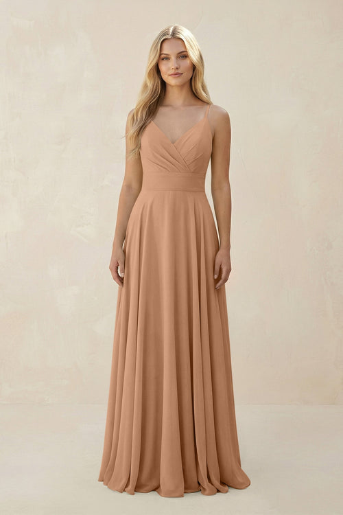 Spaghetti Strap A - Line Chiffon Bridesmaid Dress in Bronzer - SHE IS ME Bridesmaid Dresses