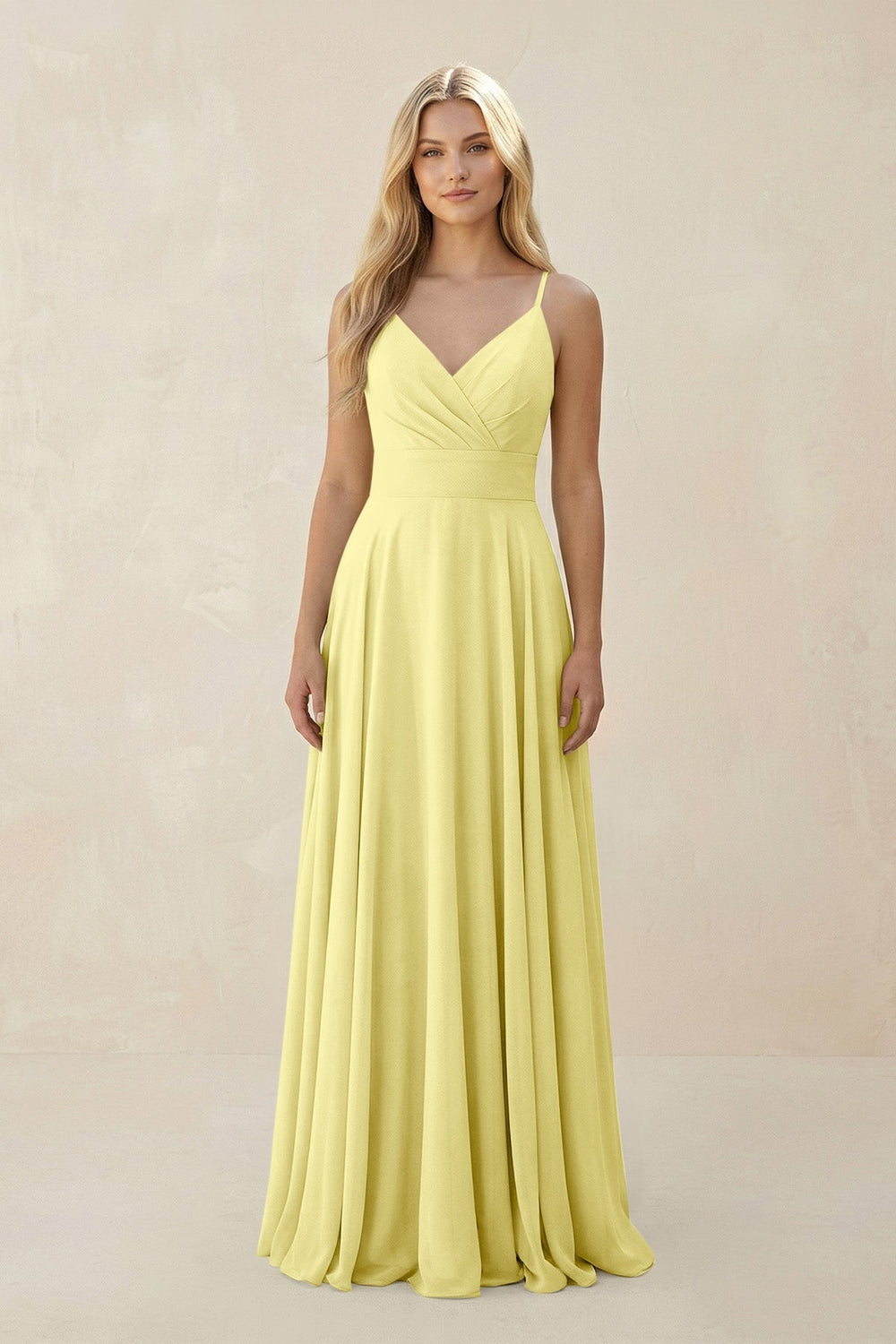 Spaghetti Strap A - Line Chiffon Bridesmaid Dress in Buttercup - SHE IS ME Bridesmaid Dresses
