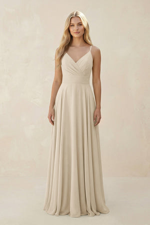Spaghetti Strap A - Line Chiffon Bridesmaid Dress in Champagne - SHE IS ME Bridesmaid Dresses