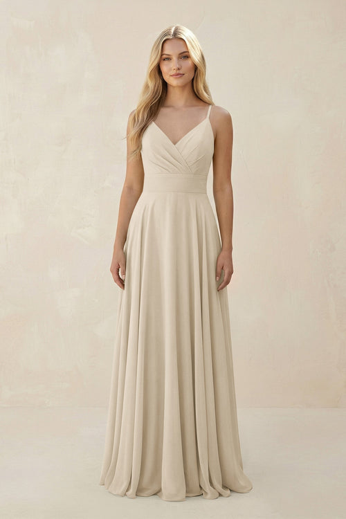 Spaghetti Strap A - Line Chiffon Bridesmaid Dress in Champagne - SHE IS ME Bridesmaid Dresses