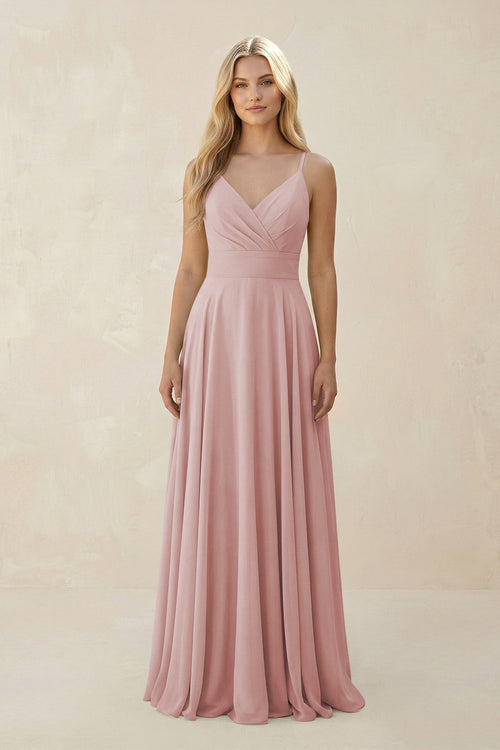 Spaghetti Strap A - Line Chiffon Bridesmaid Dress in Dusty Rose - SHE IS ME Bridesmaid Dresses