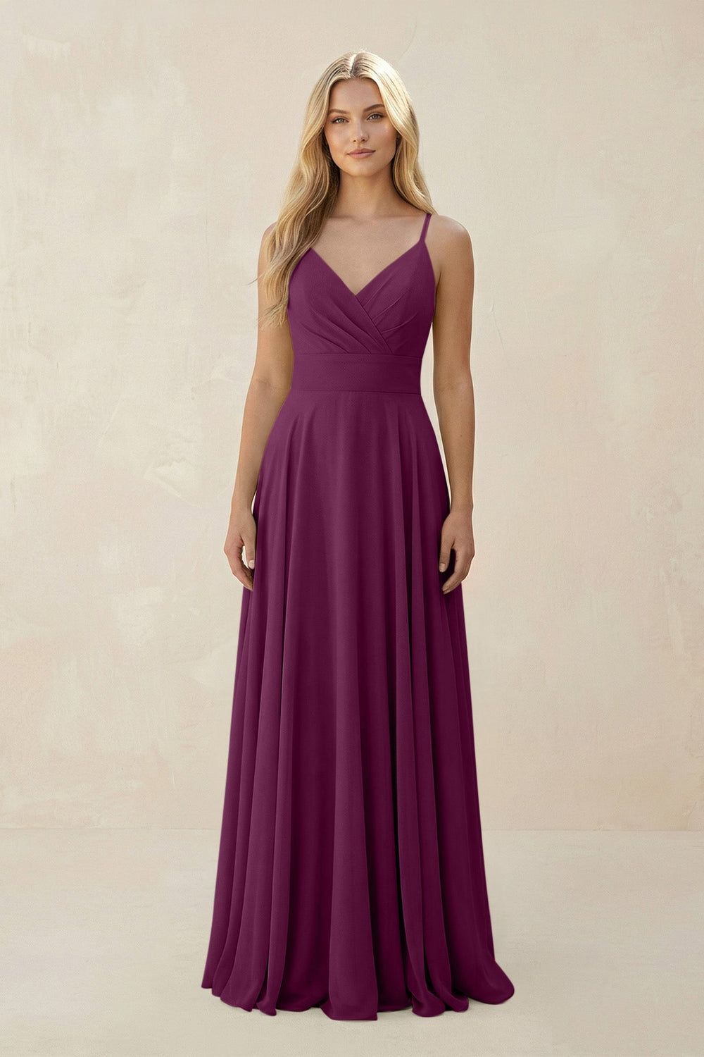 Spaghetti Strap A - Line Chiffon Bridesmaid Dress in Fig - SHE IS ME Bridesmaid Dresses