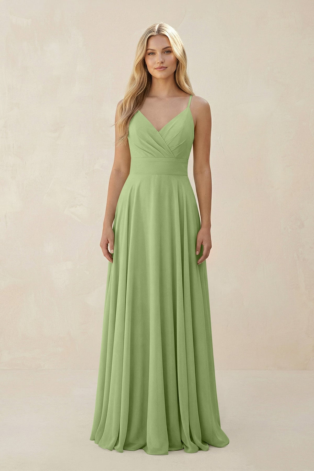 Spaghetti Strap A - Line Chiffon Bridesmaid Dress in Matcha - SHE IS ME Bridesmaid Dresses
