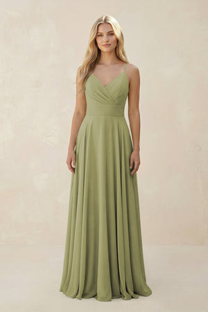 Spaghetti Strap A - Line Chiffon Bridesmaid Dress in Moss Green - SHE IS ME Bridesmaid Dresses