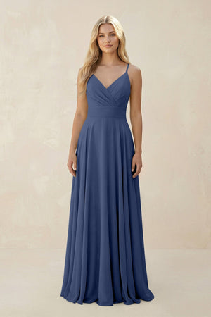 Spaghetti Strap A - Line Chiffon Bridesmaid Dress in Navy - SHE IS ME Bridesmaid Dresses